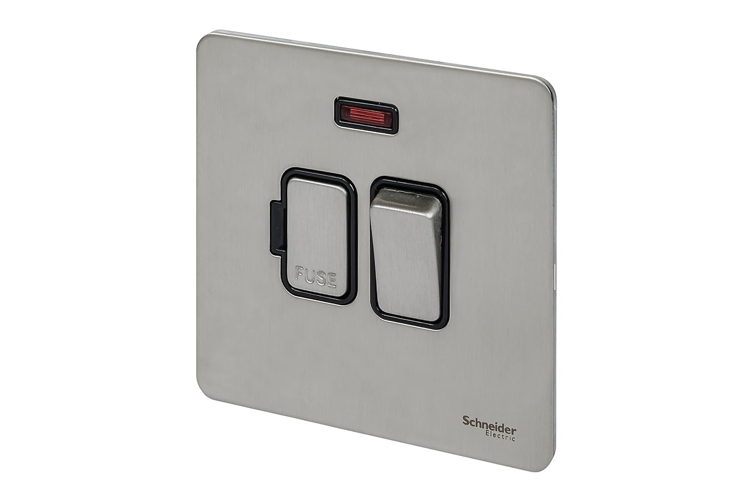 Schneider Electric Ultimate Screwless Flat Plate 13a DP Switched Connection Unit with Neon Stainless Steel Black Insert - Image 3
