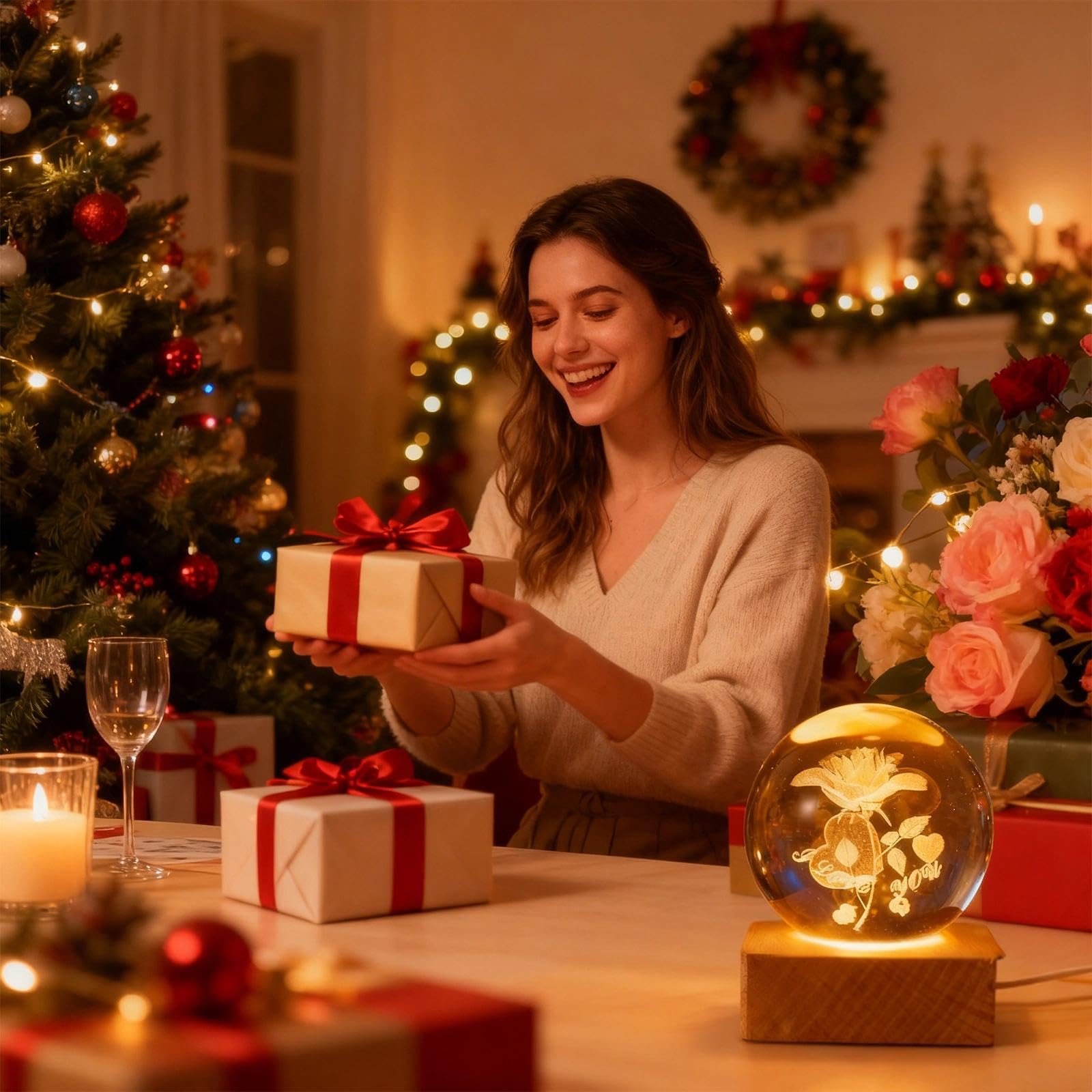 ZVO 3D-kristallen bol-nachtlampje, 3D-roos ledlamp, 6 cm, bloemen-kristallen bol-nachtlampje met houten sokkel, cadeaus voor vrouwen, mannen, kinderen, jongens, meisjes, tieners