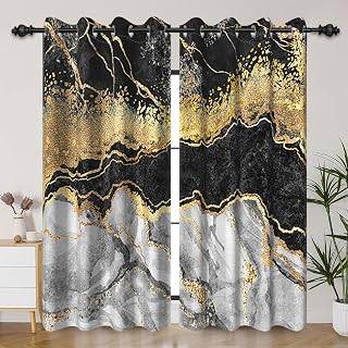 Blackout Curtains Black Grey Gold Marble Window Drapes Fluid Gold Foil Gothic Window Curtains Modern Abstract Art Window Treatments for Youth Living Room Bedroom Kitchen,42x96 inch,2 Panels