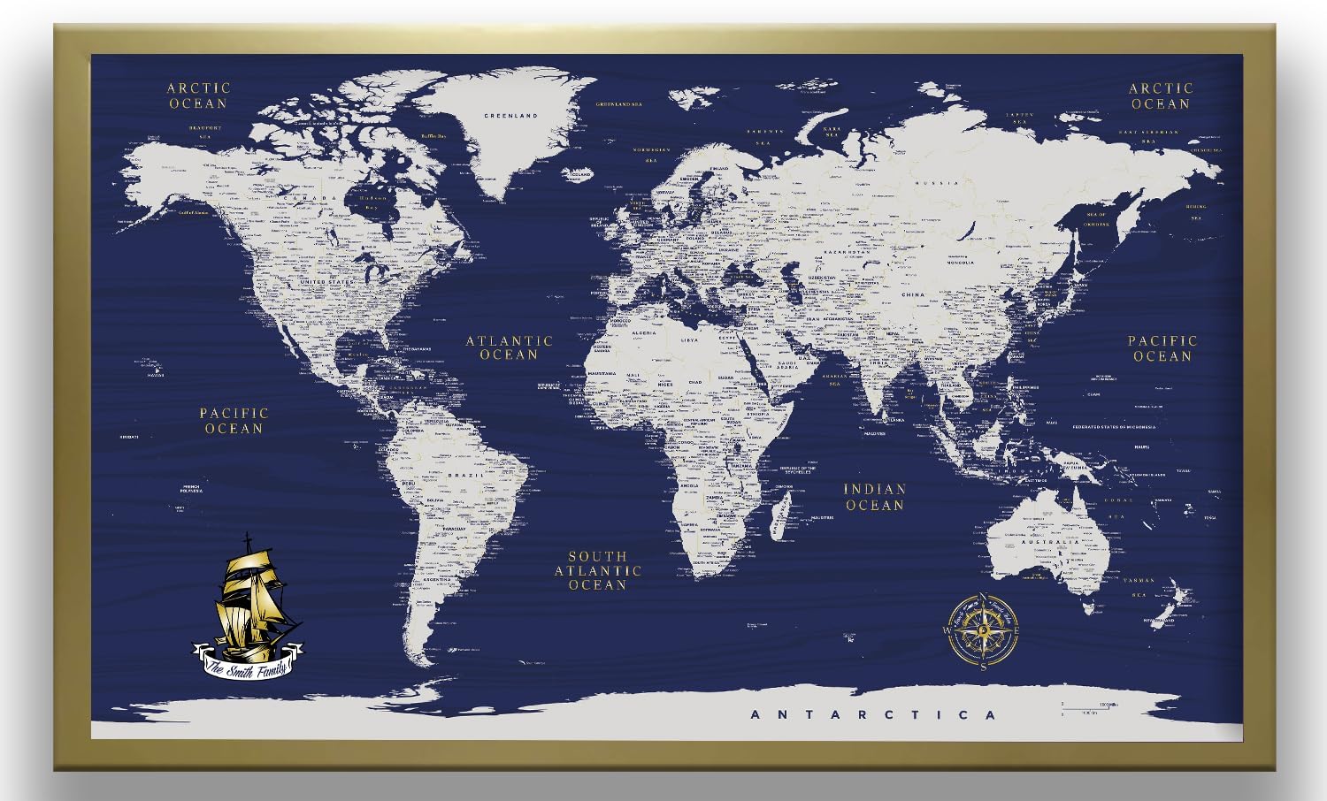 Canvas Art Bay Mapa del mundo azul y dorado - Lienzo de mapa del mundo personalizado - Mapa de viaje detallado con pines - Impresión de mapa del mundo grande - Tablero de pines del mapa del mundo -