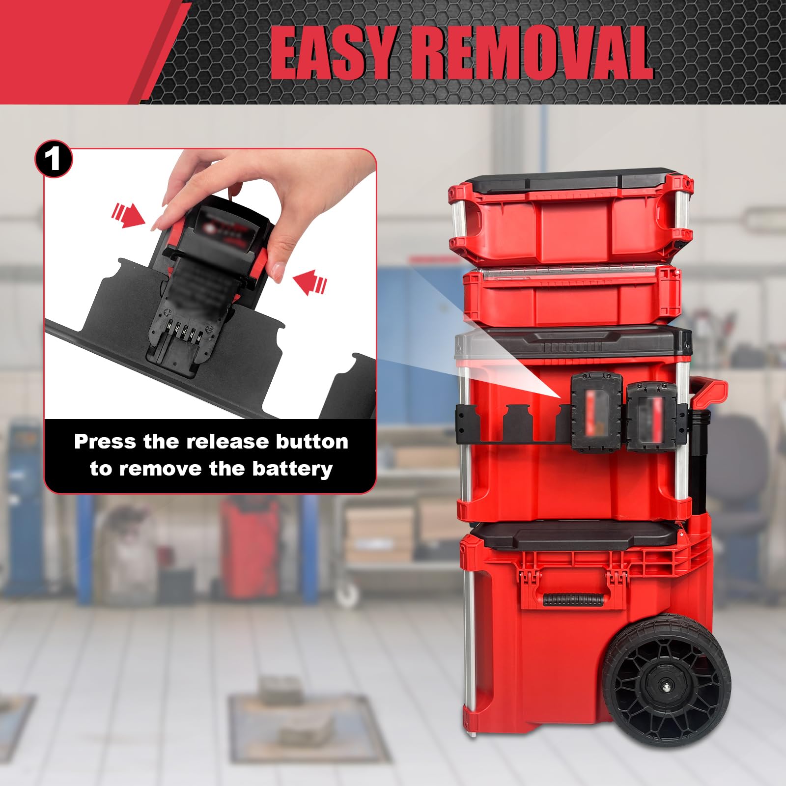 Supporto batteria a 4 slot compatibile con Milwaukee M18, soluzione di archiviazione laterale senza sforzo per sistema di pacchetti Milwaukee, clip angolari inclusi