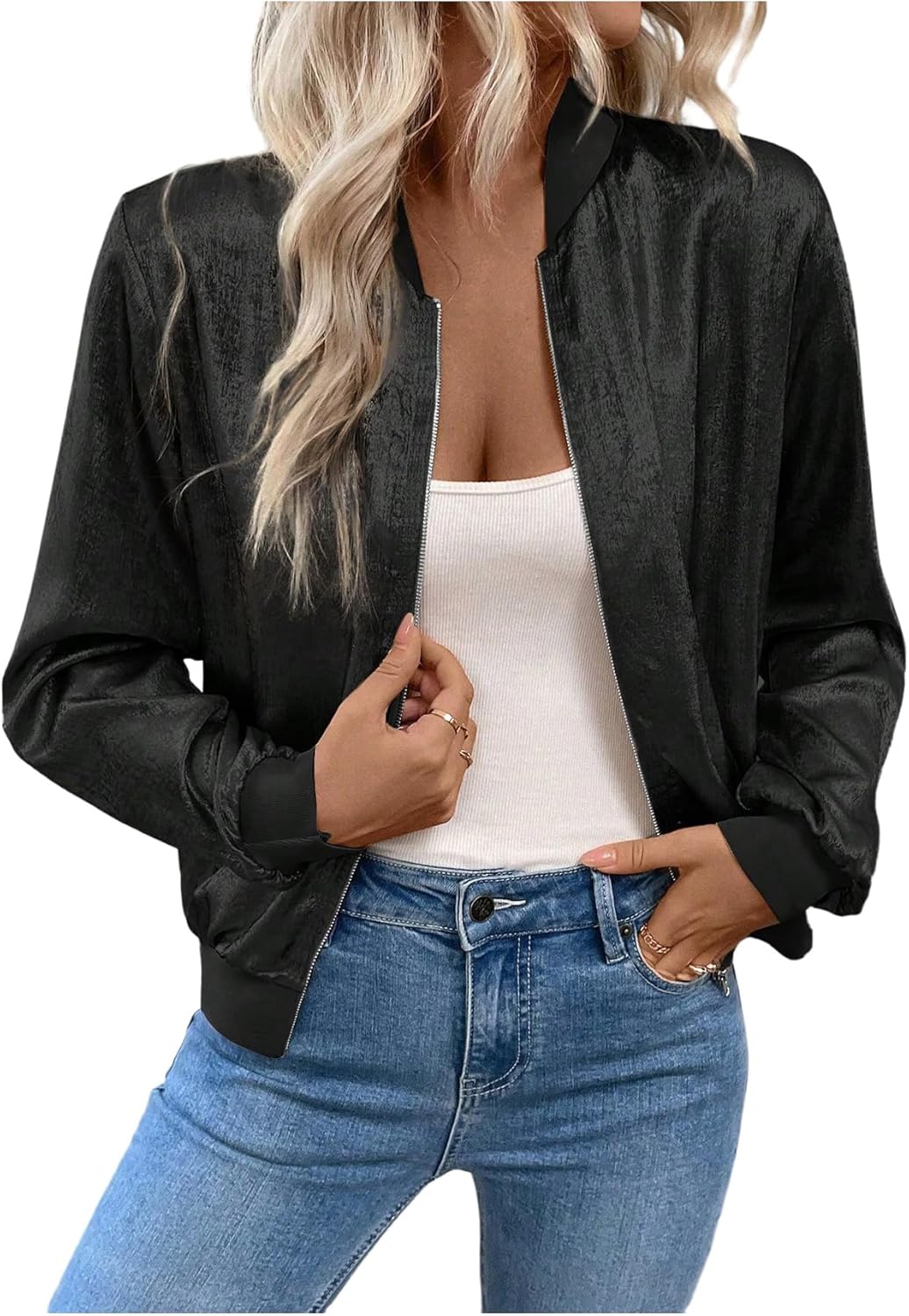 SHENHE Women's Metallic Bomber Jacket Lightweight Zip Up Long Sleeve Fashion Jacket Outwear