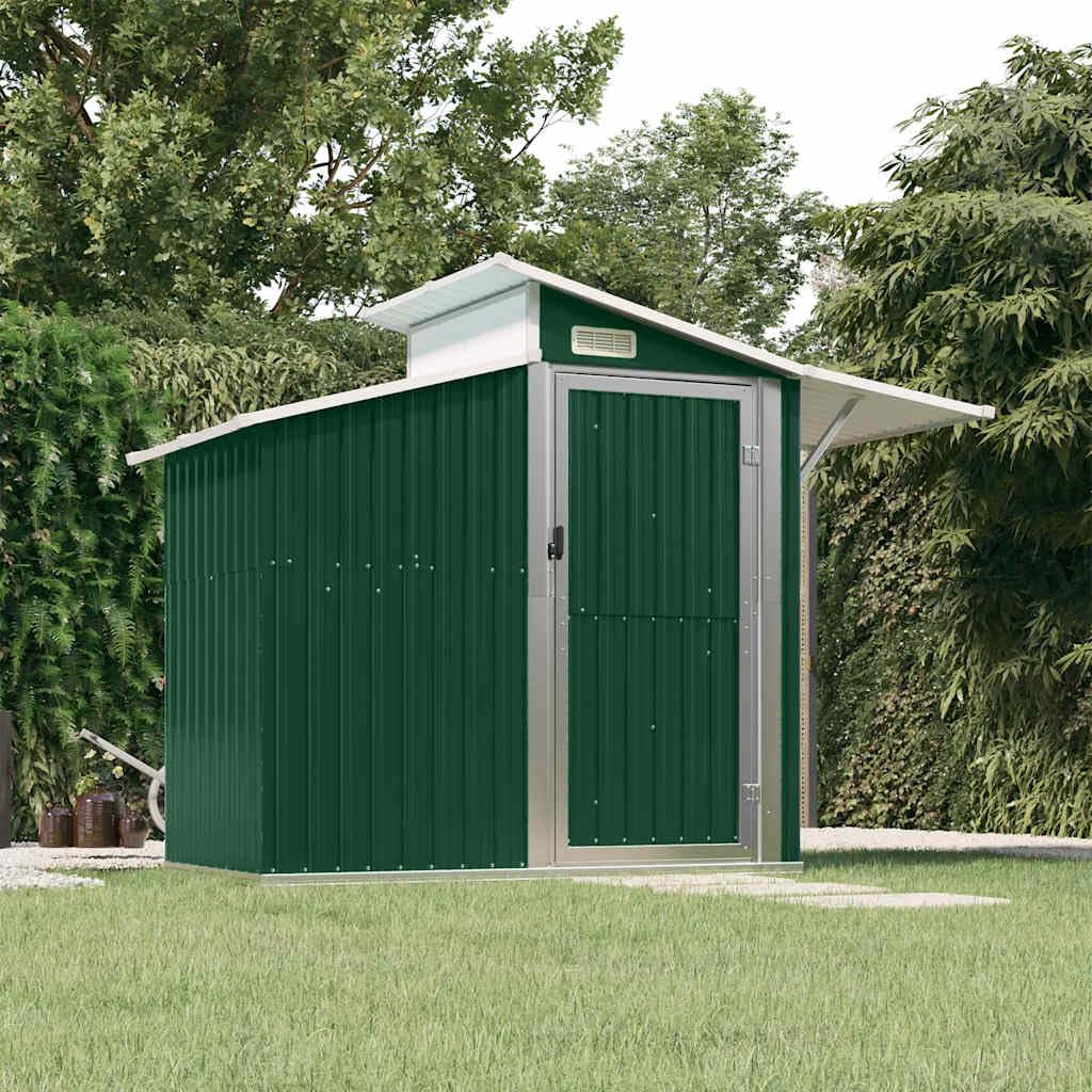 Cobertizo verde 270 x 130 x 208,5 cm de acero galvanizado, cobertizo de jardín con puerta, techo y ventilación para herramientas de jardín, bicicleta, cortacésped, barbacoa, almacenamiento