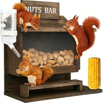 Outdoor Squirrel Feeder Wooden Nut Bar Feeder - Weatherproof & Durable Squirrel Picnic Table with Corn Holder Peanut Feeder for Garden Patio