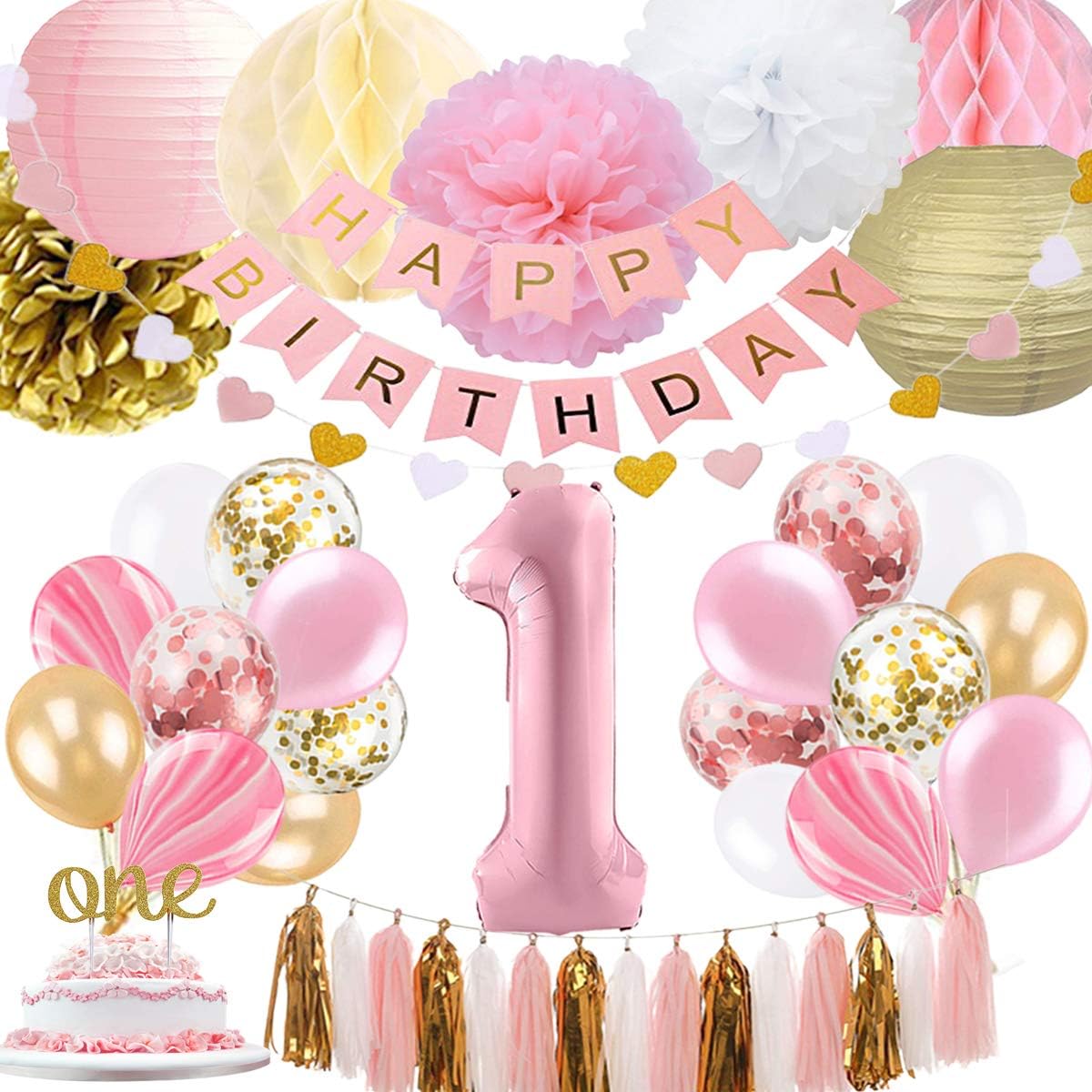 SZHUIHER 1st Birthday Girl Decoration, Baby Girls First Birthday Decoration, Pink and Gold Party Supplies Decoration 1st birthday, 1 year cake topper, Number 1 birthday balloon, happy birthday banner