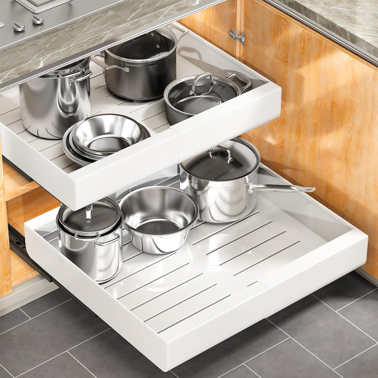 Pull out Cabinet Organizer, Expandable(12"-20") Heavy Duty Slide out Drawers Fixed with Adhesive Nano Film for Pots, Roll out Shelf Storage for Kitchen Base Cabinet, Pantry, Bathroom Cupboard — view 13