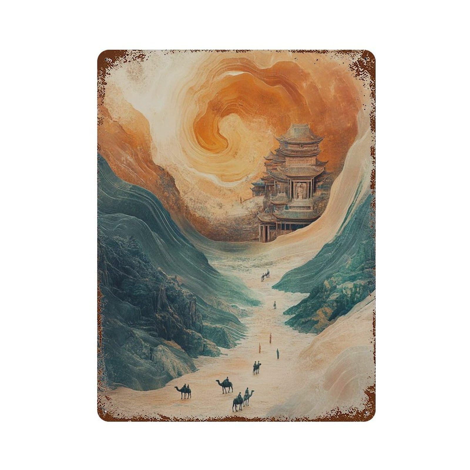 xiaoxiaoshen Ancient Road Desert Asian Temple Landscape Caravan Journey Wall Decor Art Metal Tin Poster Modern Home Decor Art Home Bar Shop Decorations Vintage Sign 40x30cm