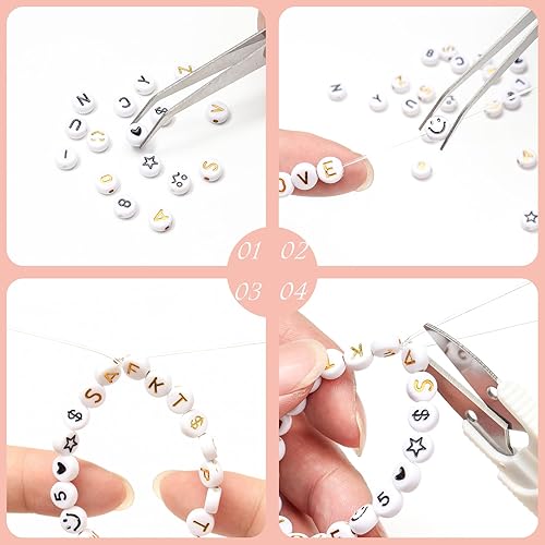 Miniatura 5 de GRTBIZI 100 cuentas redondas de letras acrílicas de 0.157 x 0.276 pulgadas, cuentas de letras C de oro blanco para pulseras, collares, fabricación