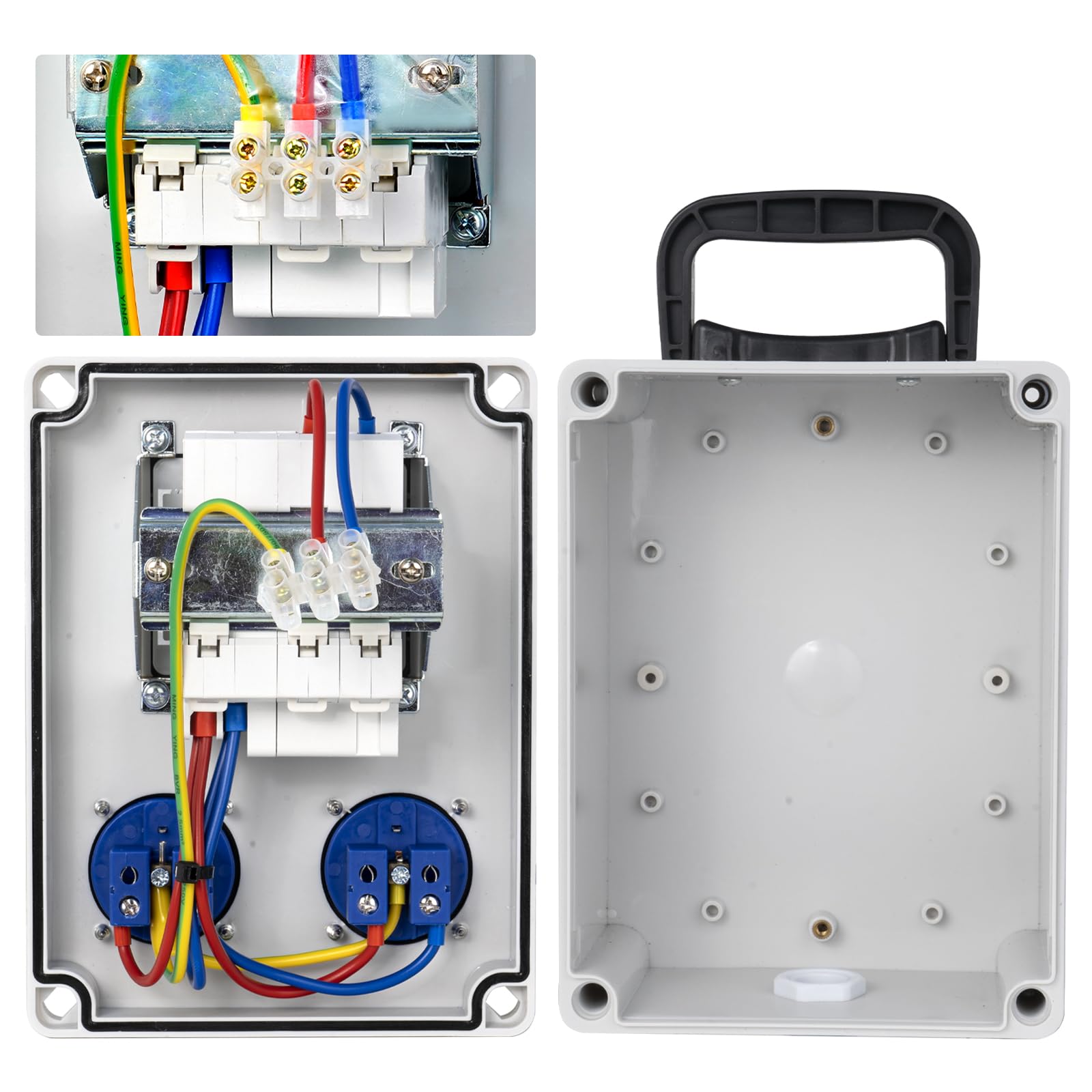 Distribuidor de Corriente con Interruptor FI 1P + N 16A, Caja Enchufes Pared con 2 Enchufes Schuko de AC 250V/16a, Caja de Distribución Portátil de Superficie para Construcción