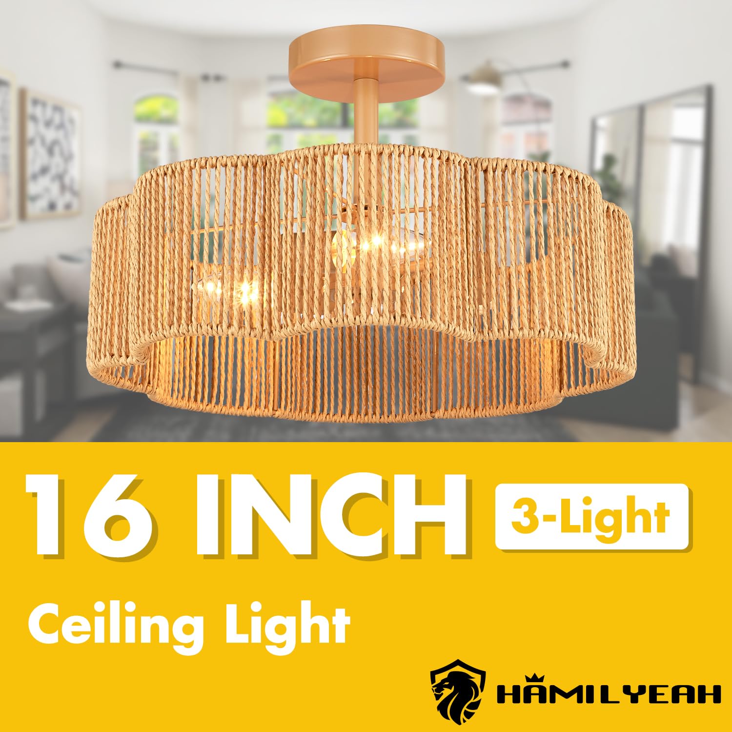 Hamilyeah 20'' Boho Ceiling Light – Scalloped Rattan Flush Mount With Gold Frame, Double-Layer Wicker Shade For Living Room, Bedroom, Dining Room, Entryway