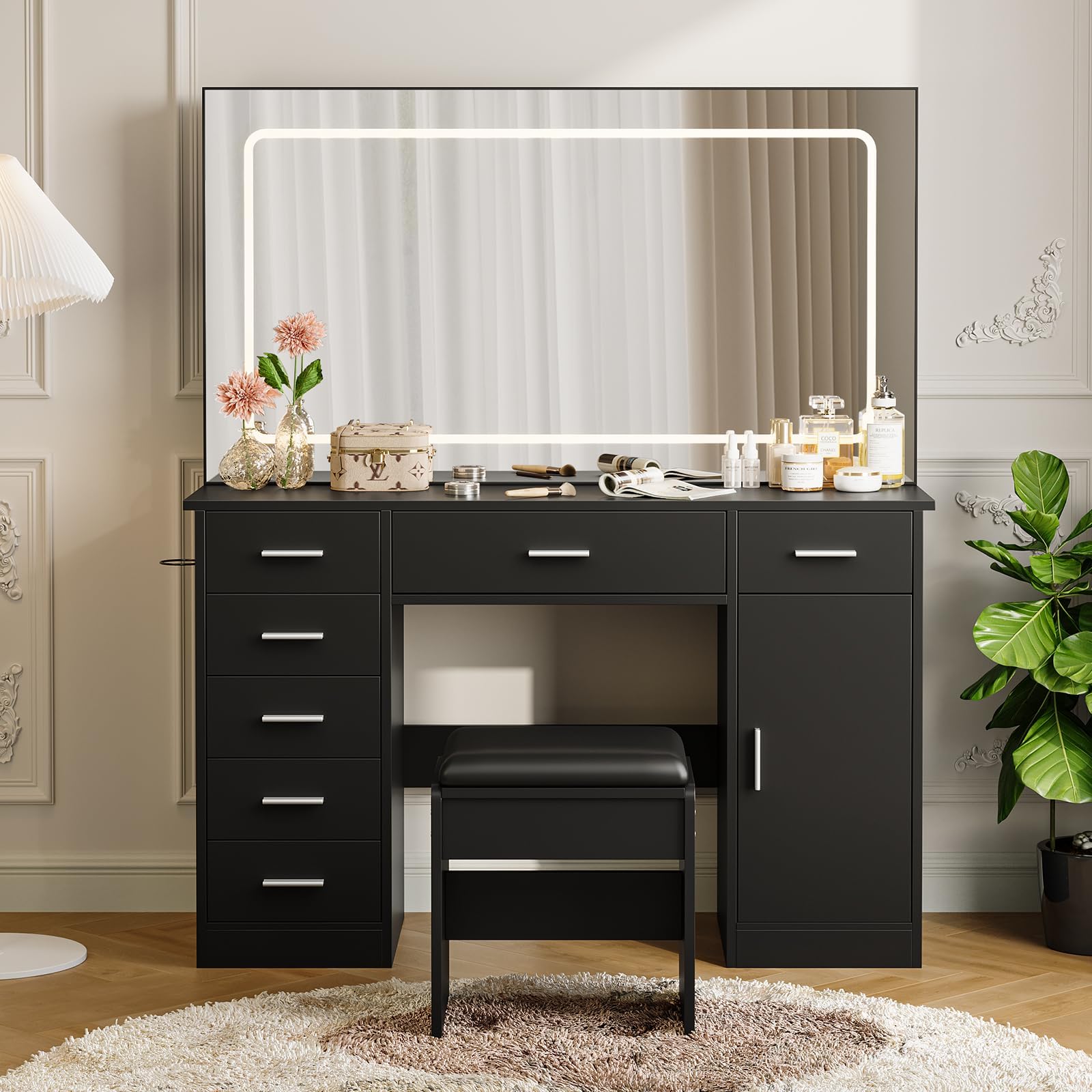 Photo 1 of ***MISSING MIRROR**** GarveeLife Modern Vanity Desk with LED Mirror – 7 Drawers, Power Outlets, Hair Dryer Holder, 3-Mode Adjustable Lighting – Large Makeup Dressing Table for Bedroom, Black