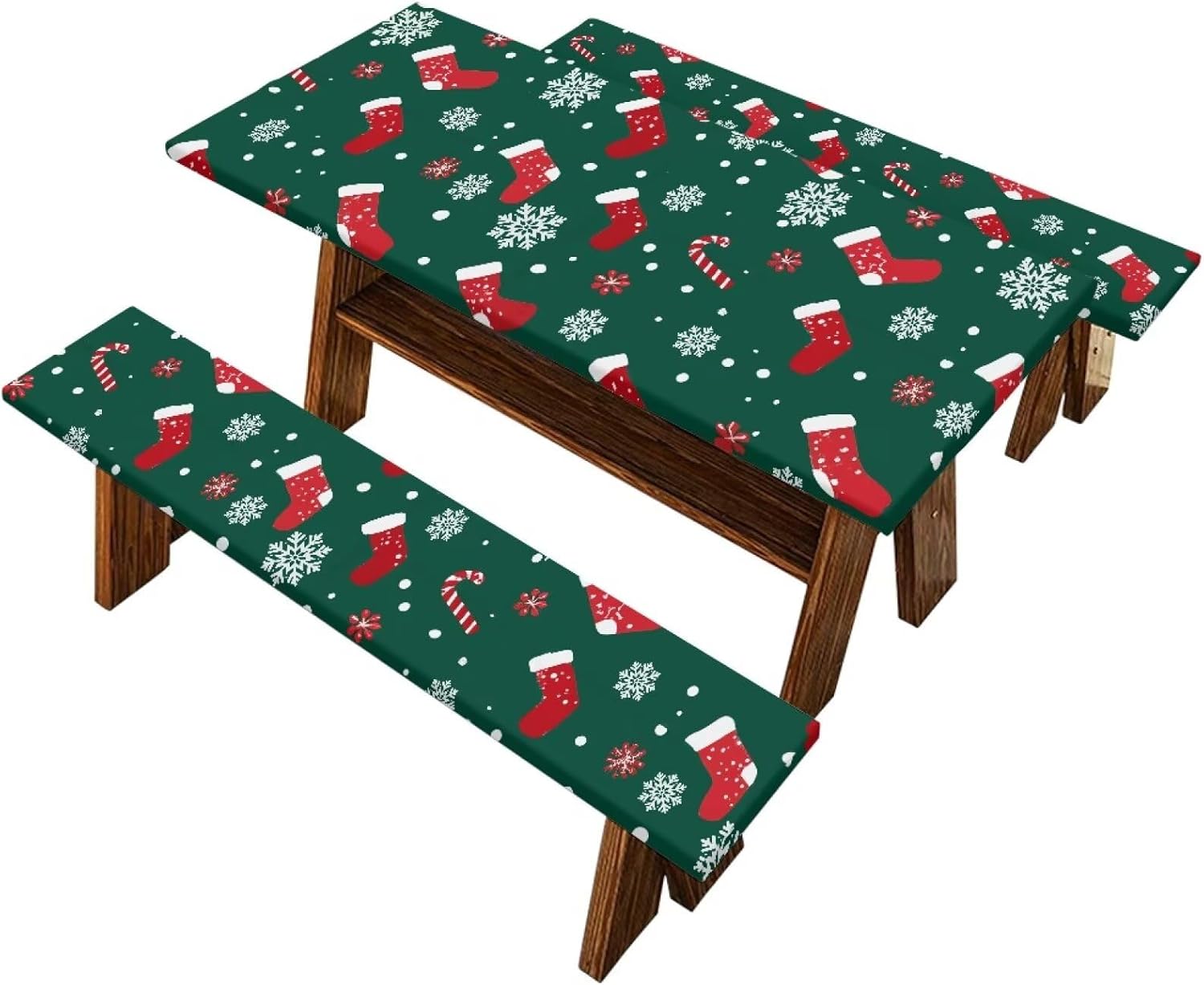 Camping Table Covers Lightweight Reusable Picnic Table and Bench Fitted Cover Elastic Edges Christmas Socks Candy Snowflakes Picnic Table Cover Travel Accessories