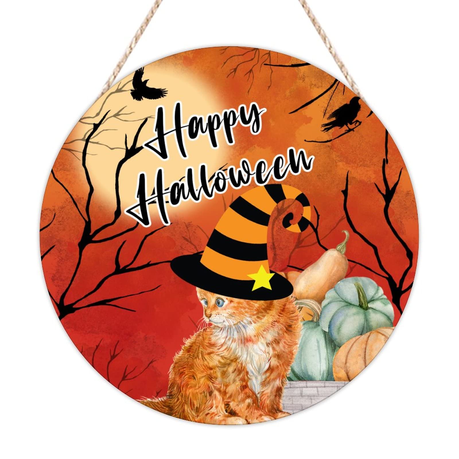 Panneau Halloween chat orange et citrouille décorative en bois rétro de 40 cm pour salon