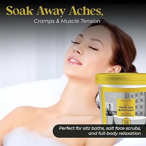 Miniatura 5 de Aromasong Sales del Mar Muerto para remojar  5 libras. Sal de baño de grano fino en cubo