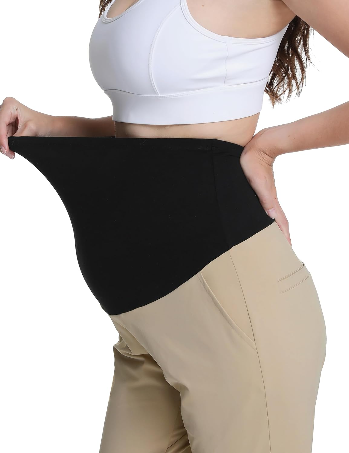 Maternity Pants Over The Belly Pregnancy Scrub Pants Dressy Golf Work Business Casual Ankle Slacks with Pockets (Khaki,L) - Image 4