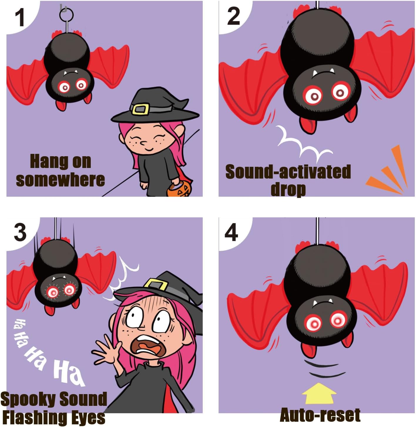 SUNLIN Interactive Halloween Bat Cute Soft Plush Toy for Adults & Kids 3+, Touch & Sound Activated Prank with Sound & Glowing Eyes, Scary Party Supplies Home Decor - Image 4