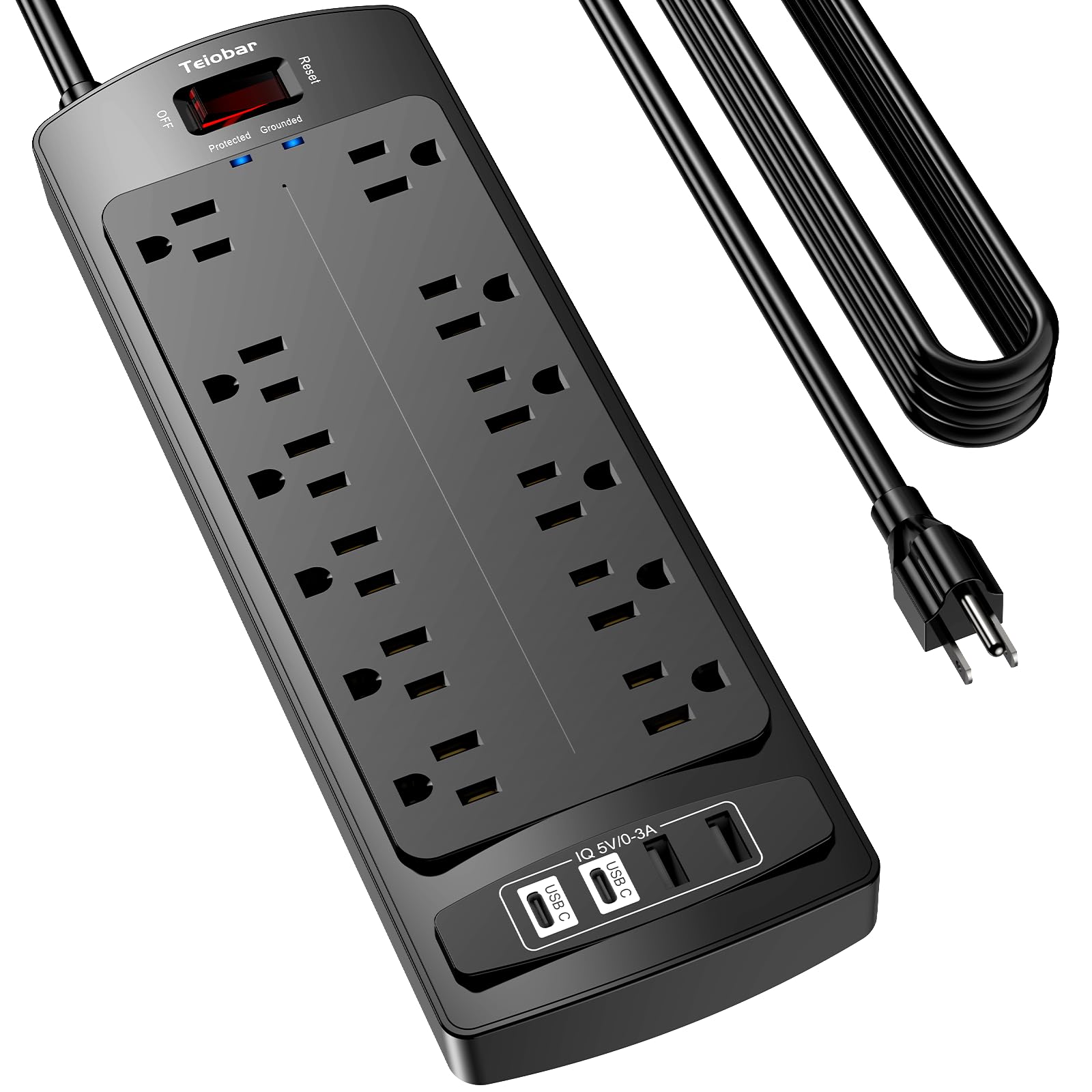 Photo 1 of 20 Ft Extension Cord Power Strip, Teiobar Surge Protector with 12 AC Outlets and 4 USB Ports for Home, Office, Dorm Essentials, 1875W/15A, 2700 Joules, ETL Listed, Black