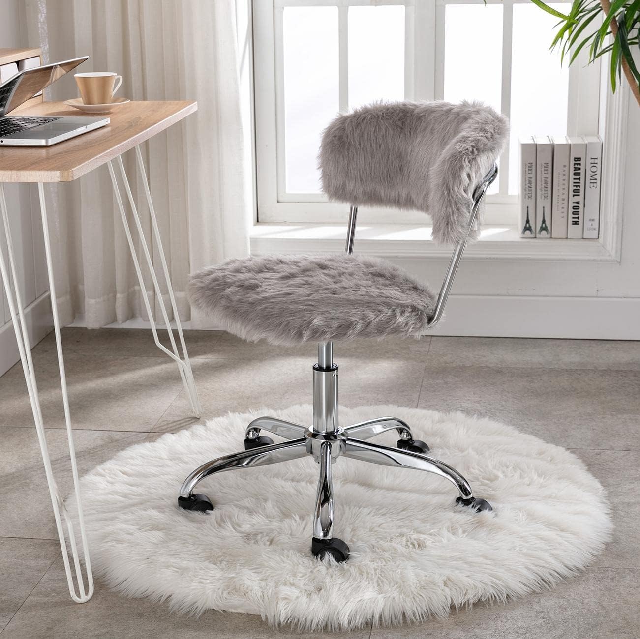 WAHSON OFFICE CHAIRSFaux Fur Home Armless Task Height Adjustable,Swivel Desk for Bedroom/Study Room/Vanity (Grey)