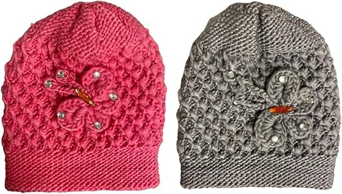 Petal Cliff 2 unidades gorro de ganchillo de punto de lana para mujer con flor para protección contra clima frío talla única
