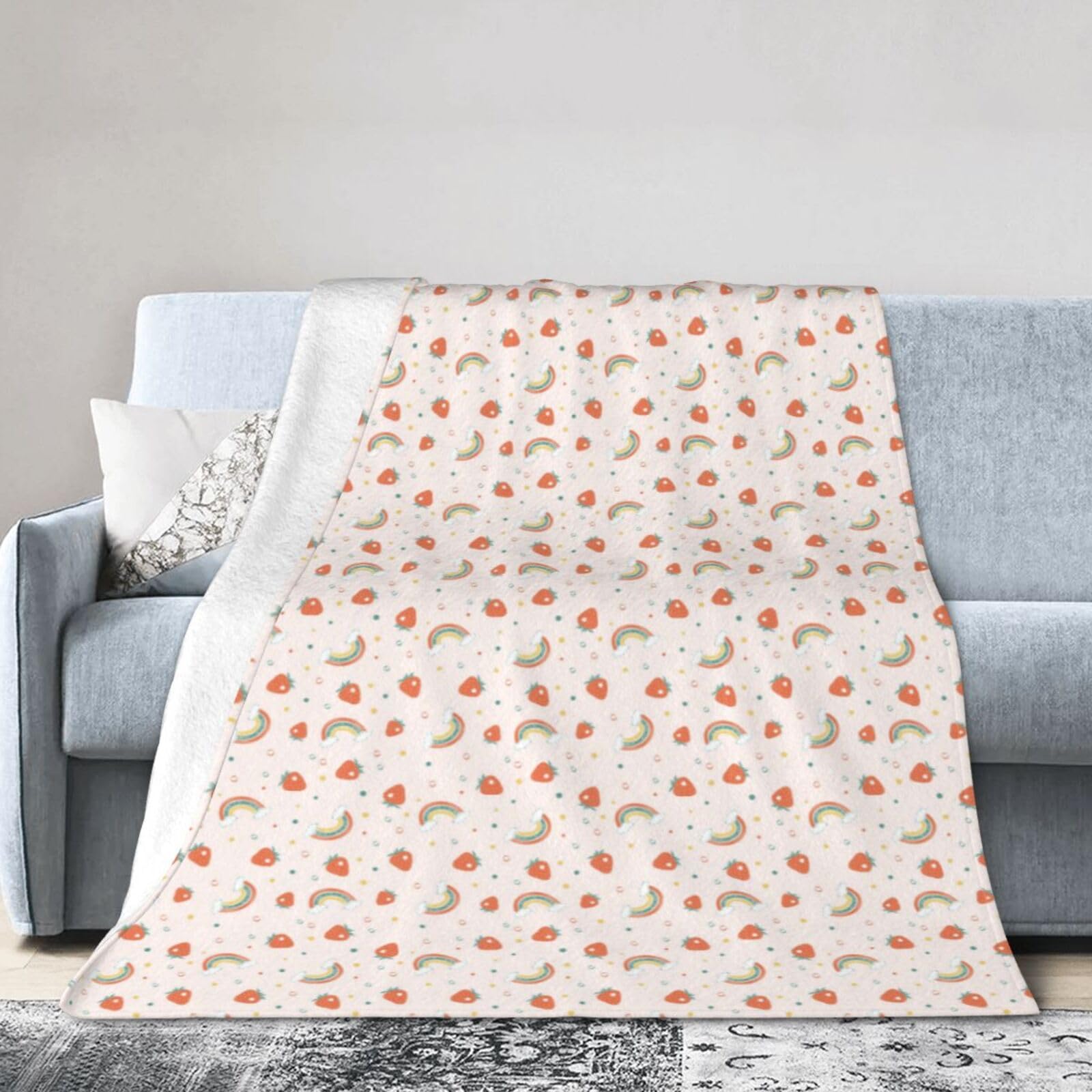 Noble Ren Cute Strawberry Rainbow Ultra-Soft Micro Fleece Blanket Winter Warm Soft Lannel Fleece Throw Blanket For Couch Sofa Bed 80"X60"