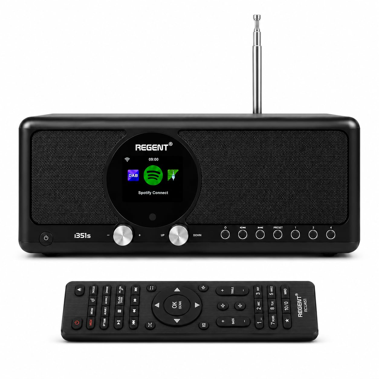 REGENT i351s Głośnik Spotify Connect DAB+ WI-FI Radio internetowe Hi-Fi Bluetooth FM 20, podwójny alarm, aplikacja do zdalnego sterowania, unikalny nadajnik Bluetooth Two Way BT (Czarny)