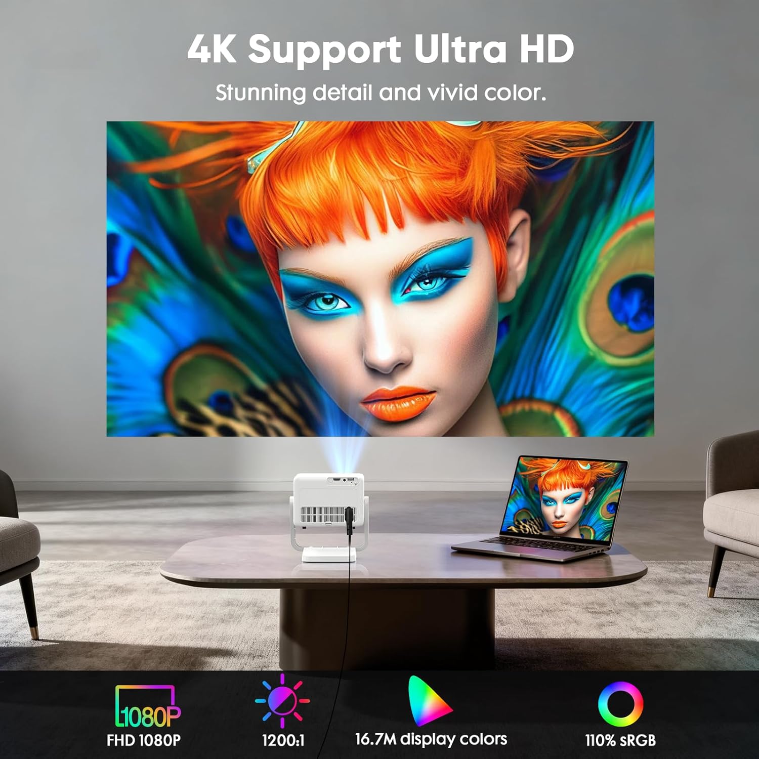 【Built-in Apps & Native 1080P】Smart Mini Projector with WiFi and Bluetooth, 4K Outdoor Movie Projector with Electric Focus & Auto Keystone, YINCODI Portable Proyector for Bedroom/Home/Celling - Image 6