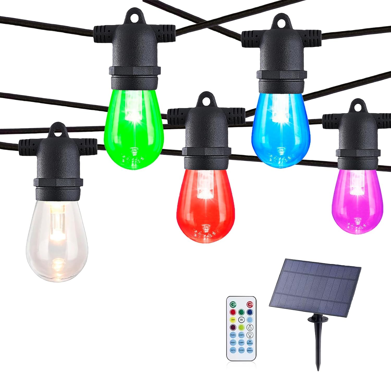 48FT Solar-Powered RGB Outdoor String Lights – Dimmable Waterproof Patio Lights with Remote Control for Garden, Backyard, and Deck