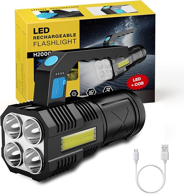 GEARLITE LED Rechargeable Torch, Super Bright Camping Lights with 4 Powerful LED Beads and Portable Handle, 4 Modes Waterproof Lightweight Lantern for Outdoor Fishing Hiking Emergency