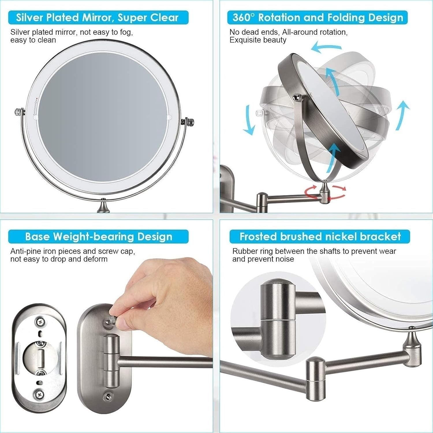 Makeup Mirror USB Rechargeable LED Vanity Mirror Extendable 360 Rotation, Round Dual-Sided Bathroom Mirror Shaving Mirror (Color : Chrome, Size : 7X Magnification) (Gold 5X Magnification) (Gold 5x