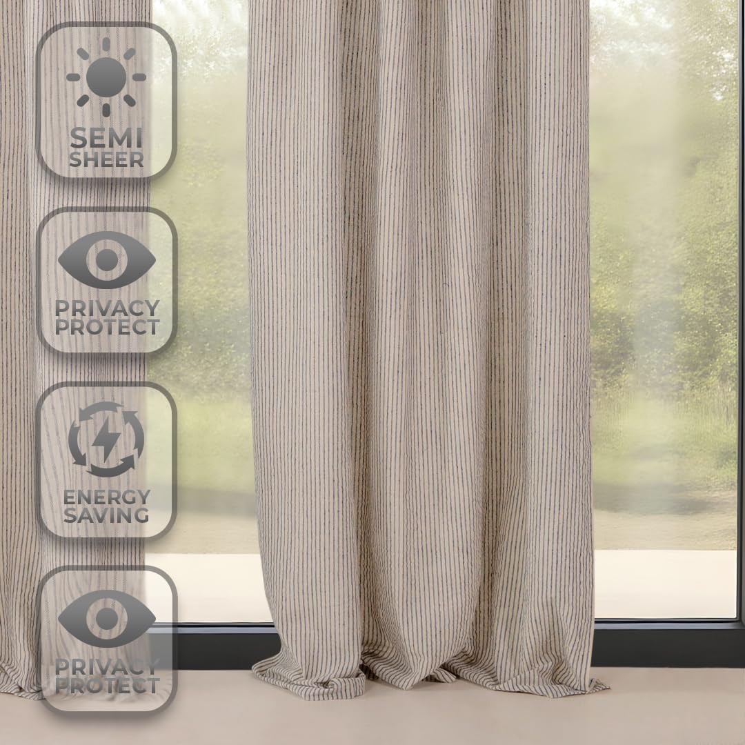Gauze Striped Curtains, Boho Linen Gauze Tie Top Hanging Curtains Light Filtering Door Window Treatment 2 Panel Curtain Drapes for Living Room Home Décor Blue on Beige (72"x42" Each Panel)