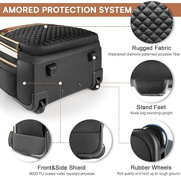 Arcoyard Small Rolling Backpack for Women, Lightweight Travel Backpack with Wheels, Roller Backpacks for Adults, Water Resistant Rolling Laptop Bag, Beige Brown