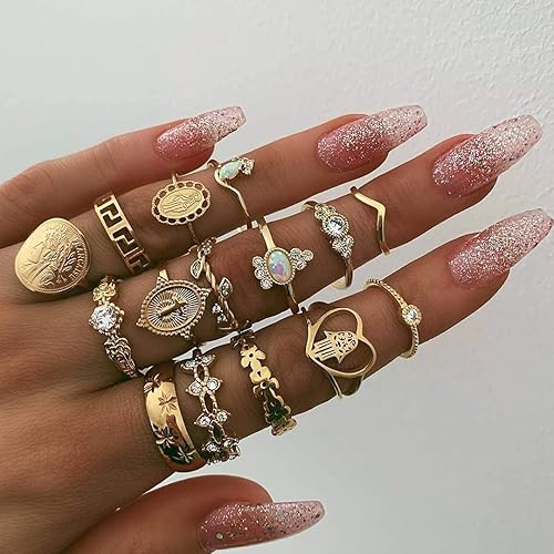 Vista 3 de YOOESTORES82 Juego de 15 anillos apilables para nudillos. Anillo de articulación apilable con diamantes de imitación vintage para mujer
