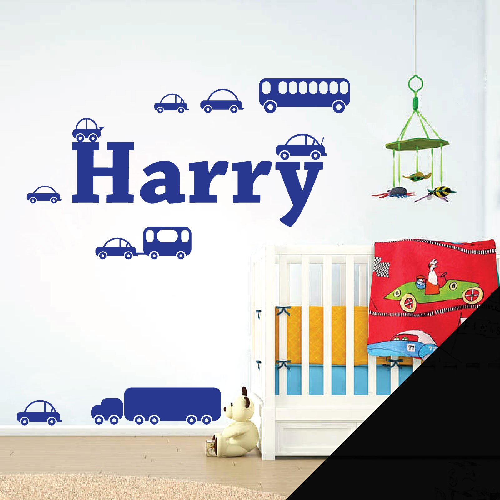 Personalised Name Boys Wall Art Sticker - Cartoon Trucks, Cars, Bus, Caravan, Taxi Set [Medium] [Black] — image 1