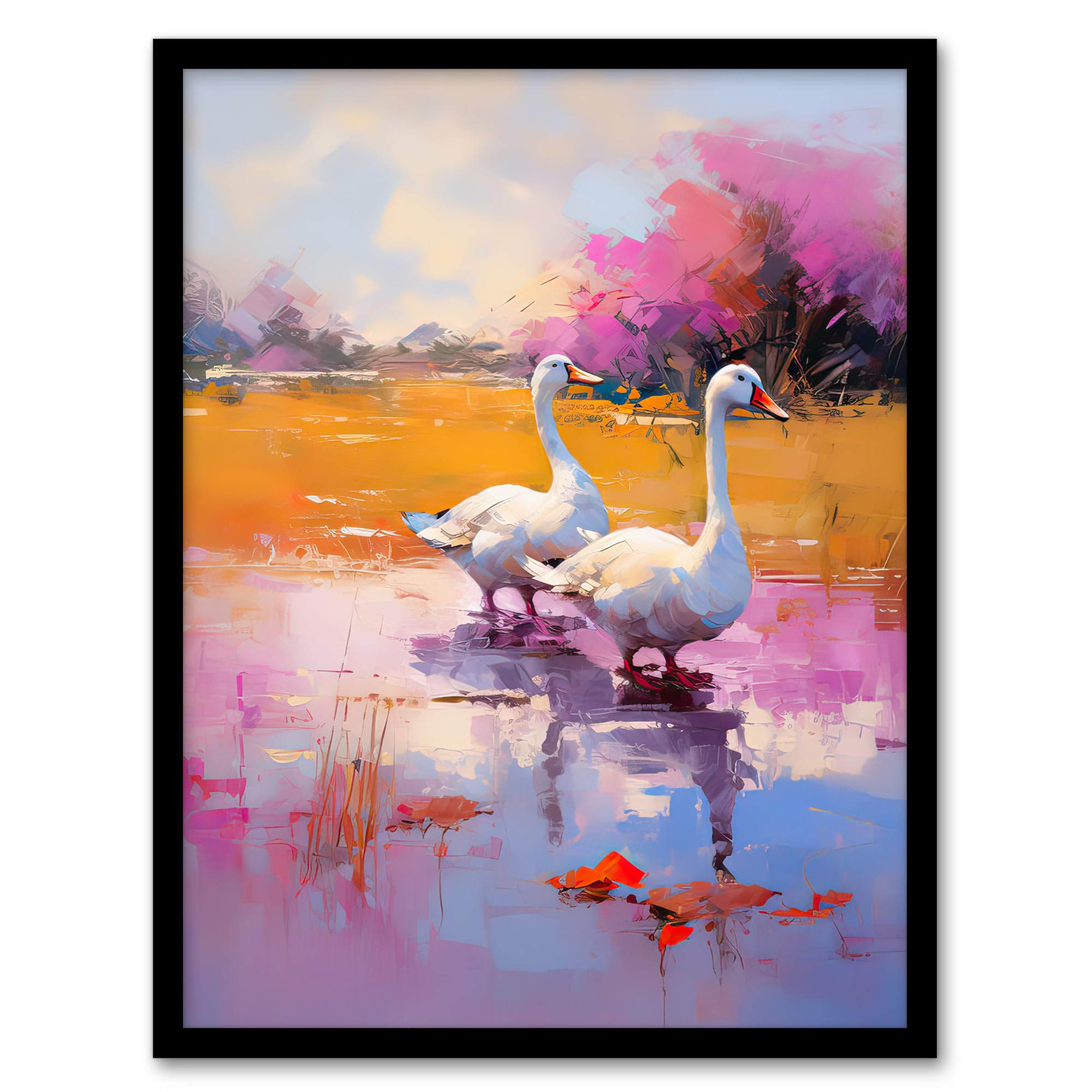 Artery8 Wild Geese Pastel Colour Oil Painting Artwork Framed Wall Art Print A4