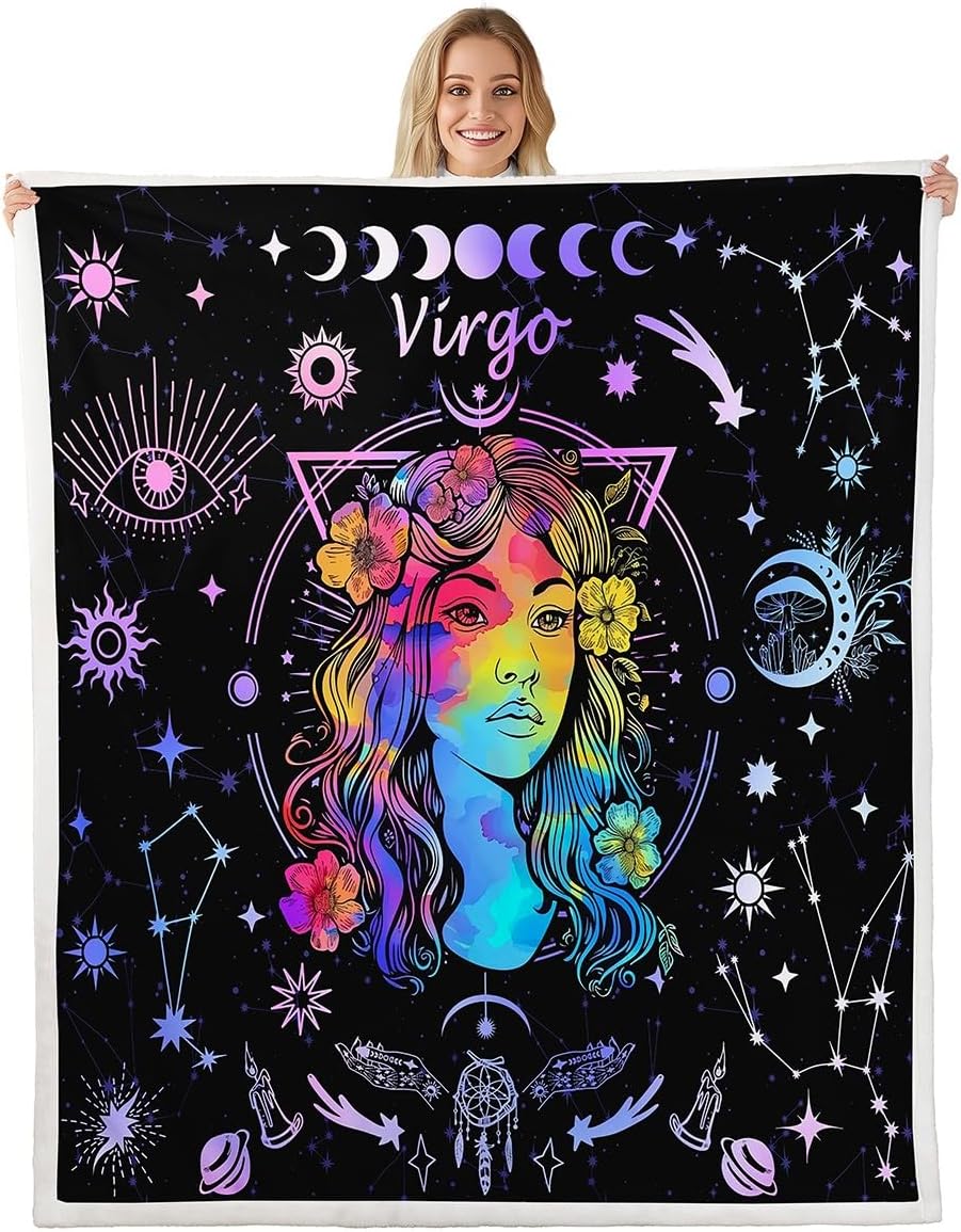 Manfei Virgo Throw Blanket 12 Constellations Zodiac Blanket for Couch Sofa, Trippy Astrology Bed Blanket for Kids Boys Girls Room Decor, Soft and Breathable Fleece Blanket(90 x 90 Inches)