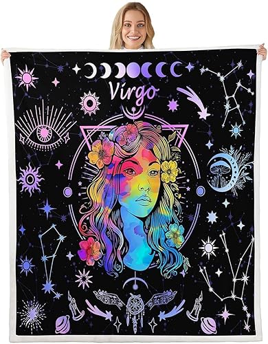 Miniatura 14 de Manfei Manta Géminis con 12 constelaciones, manta de cama del zodiaco para niños y niñas, decoración de habitación de galaxia, sol, luna y estrella