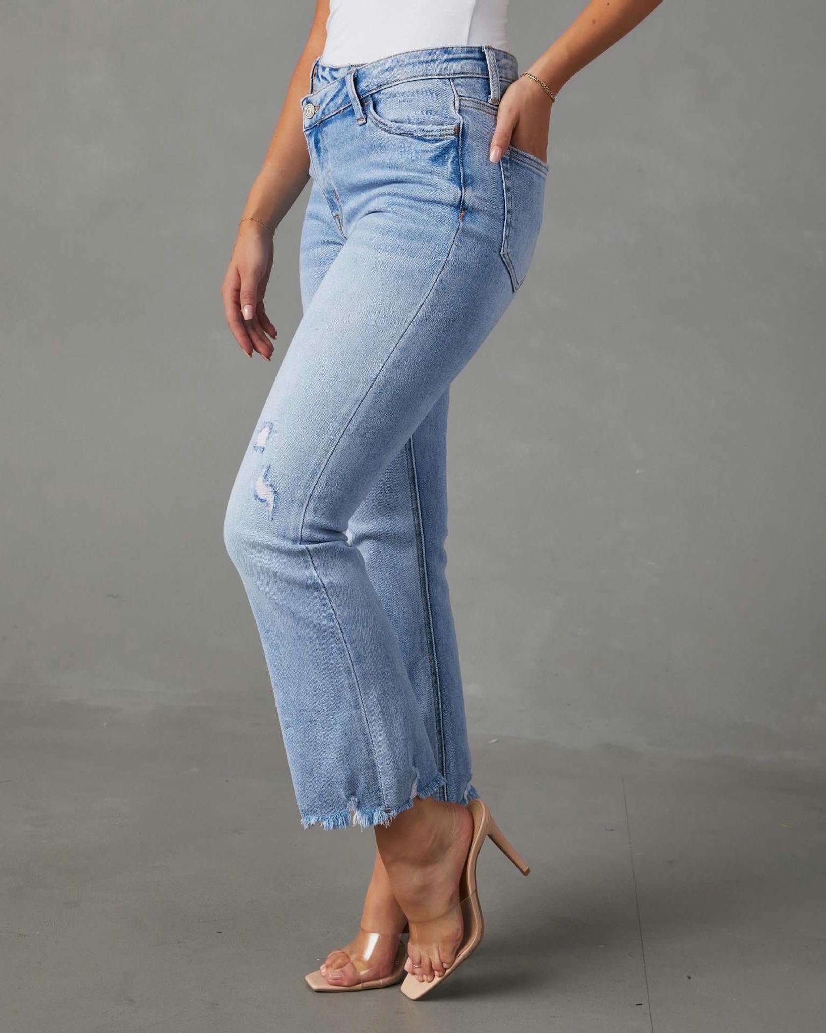 Jeans da Donna Design Obliquo alla Moda Femminile Elastico Temperamento Dritto per Pendolarismo Lavati-Azzurro-XL