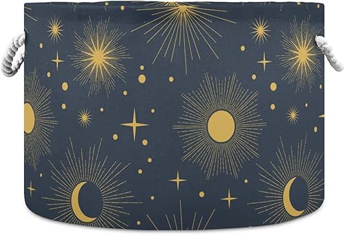 Cesta de almacenamiento redonda grande estilo bohemio, con sol, luna, cielo estrellado, para cuarto de bebé, cesta para guardar ropa, juguetes,