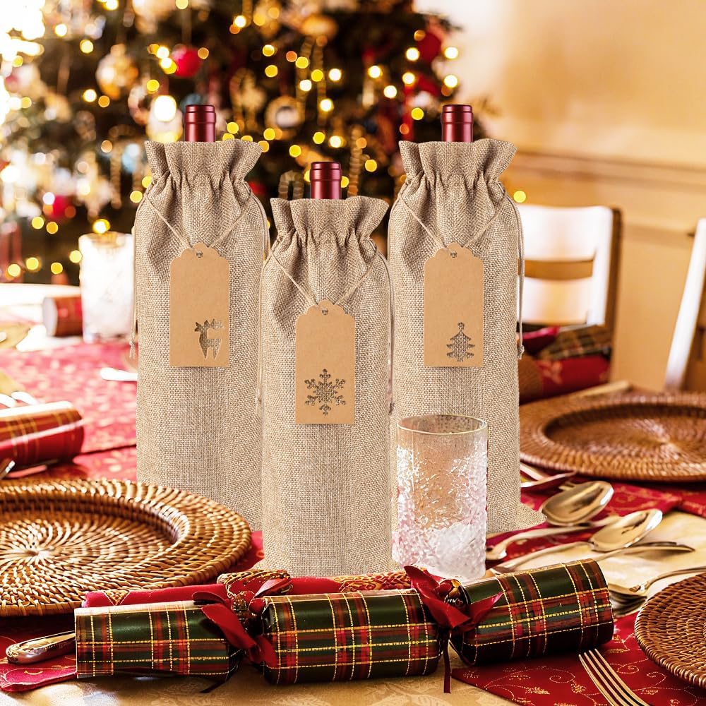 JOICEE 12 Pcs Burlap Wine Bags Christmas Wine Bottle Gift Bags image 5
