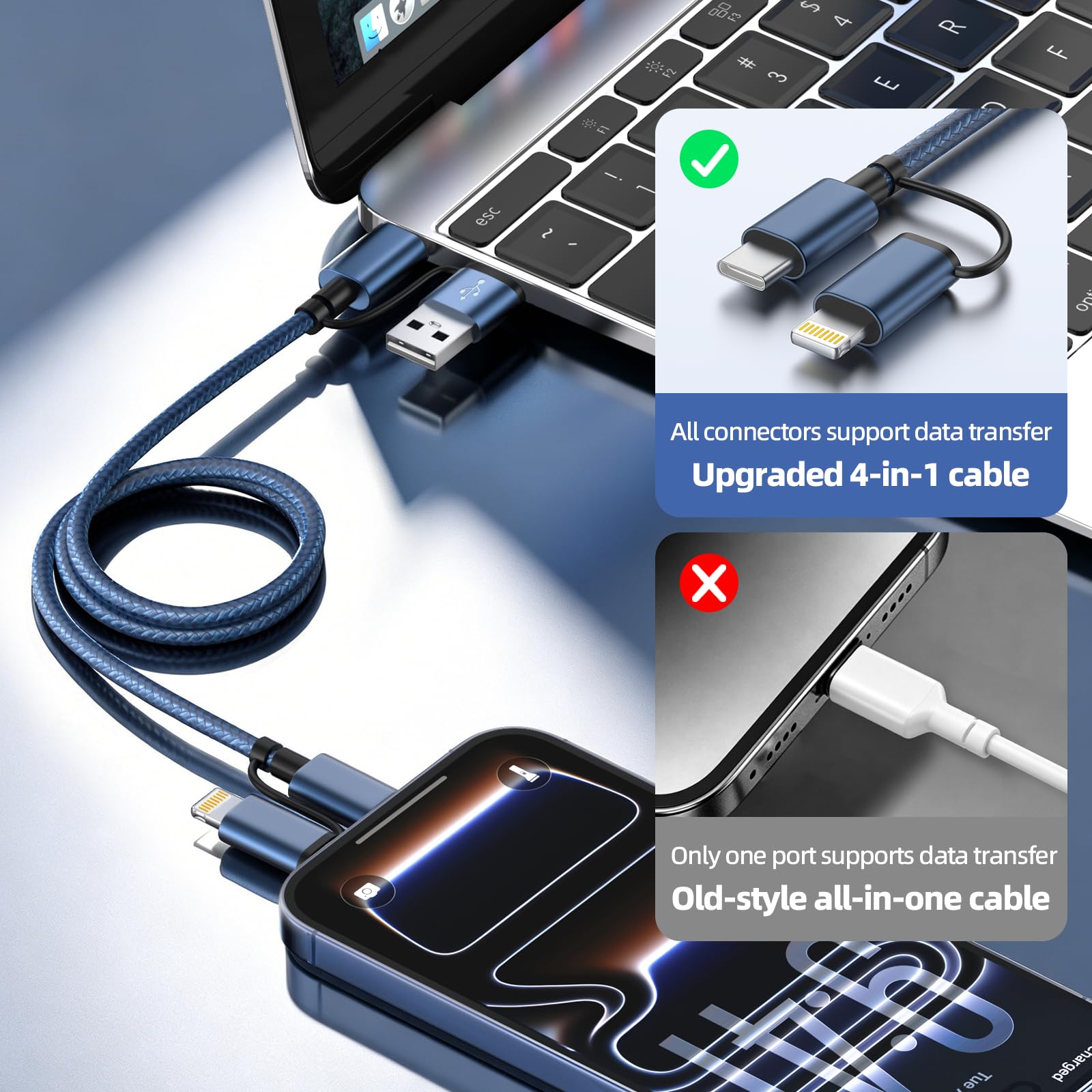 Cavo di ricarica multiplo 4 in 1 da 60 W, confezione da 2, 1,5 m