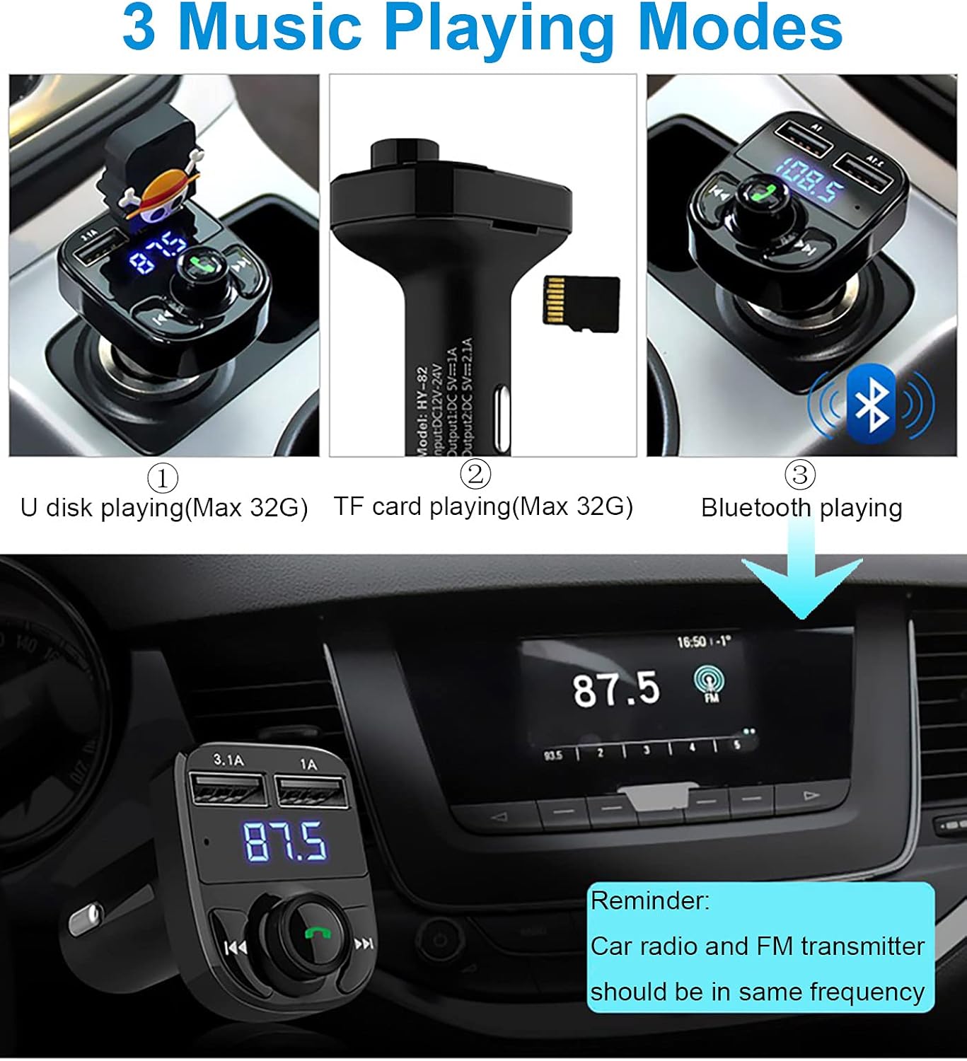 HUYVMAY Bluetooth FM Transmitter Car Charger Adapter, Wireless Radio Transmitter for Car, MP3 Player Bluetooth Car Adapter, Dual USB Charging Car Charger MP3 Player Support TF Card & USB Disk : Electronics