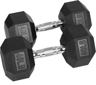 HolaHatha 2-Pack Hexagonal Rubber Dumbbell Weights Set, Home Gym Equipment, 40 Lbs, Black - Portable Weighted Exercise Dumbbells for Fitness, Training, and Lifting Workouts