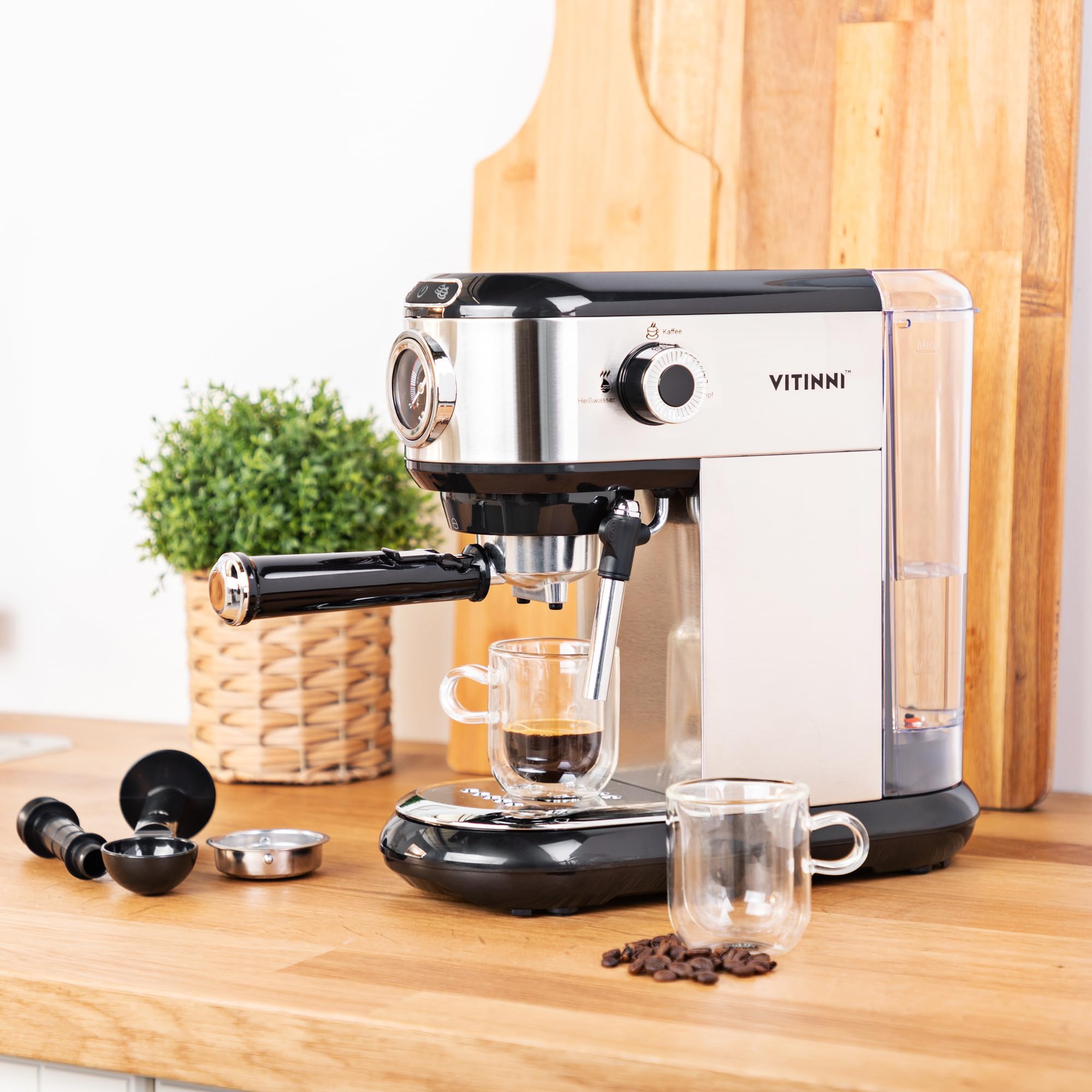 Vitinni Espressomaschine, Professionellem Milchaufschäumer, 15-bar-Druckpumpe, Milchschaumdüse, 1450 W, inkl. Barista-Kit, Tassenwärmeregal, 1 l Wassertank, Für Gemahlenen Kaffee, Silber