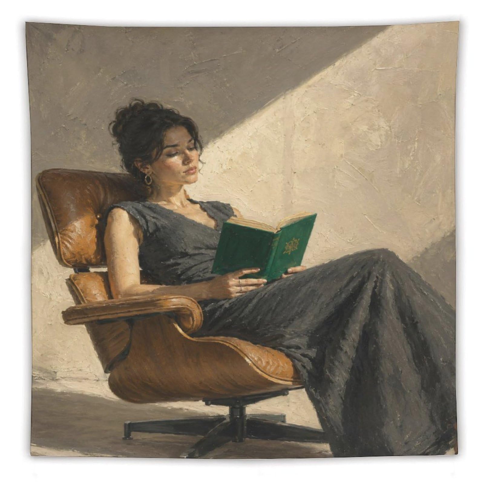 W7C8U2X3 Woman Reading Green Book Wall Tapestry, Sunlit Chair