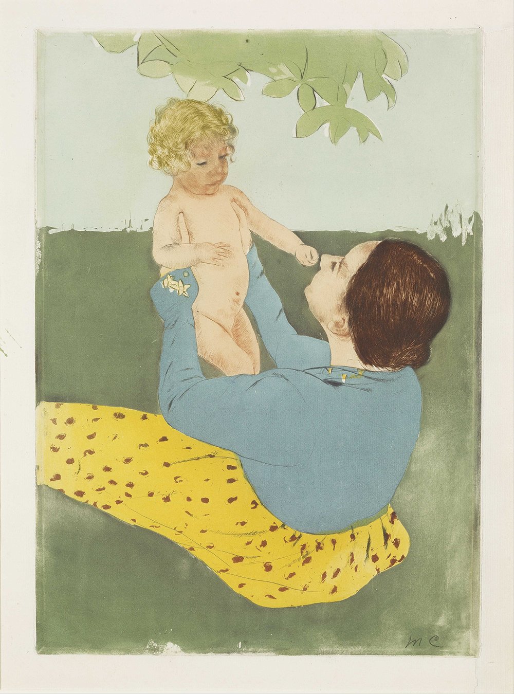 Lámina Mary Cassatt de alta calidad, obra Under The Horse-Chestnut Tree con elegante marco marrón