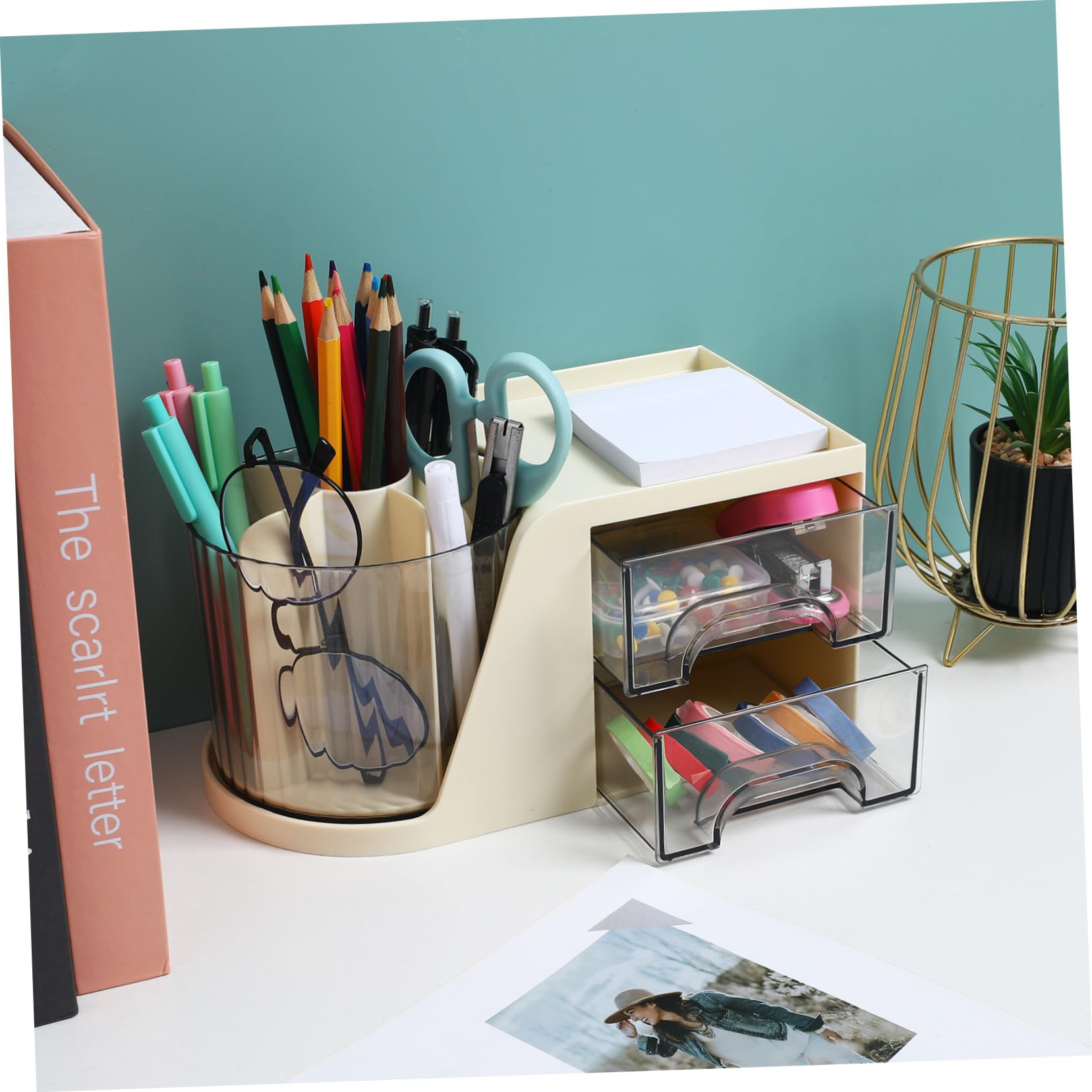 Drehbarer Schreibtisch organizer mit Geteiltem Stiftehalter und Kompakte Aufbewahrungsbox für Bürobedarf und Makeup pinsel Platzsparende Kunststoff box in Weiß