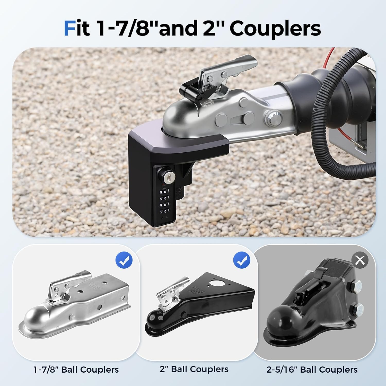 Truckiipa Trailer Hitch Lock with Keys & 4-Digit Combo Lock - Trailer Locks Fits 1-7/8", 2'' Couplers, with Tongue Locks, 1/4'' Dia, 3/4'' Span, Heavy-Duty Trailer Coupler Lock for RV, Trailers, Boat