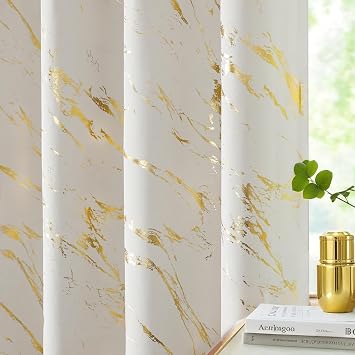 WUBODTI Beige and White 100% Blackout Curtains for Kids Room 63 Inch Length 2 Panels, Gold Marble Patterned Grommet Short Curtain Modern Thermal Insulated Drapes for Bedroom Bathroom