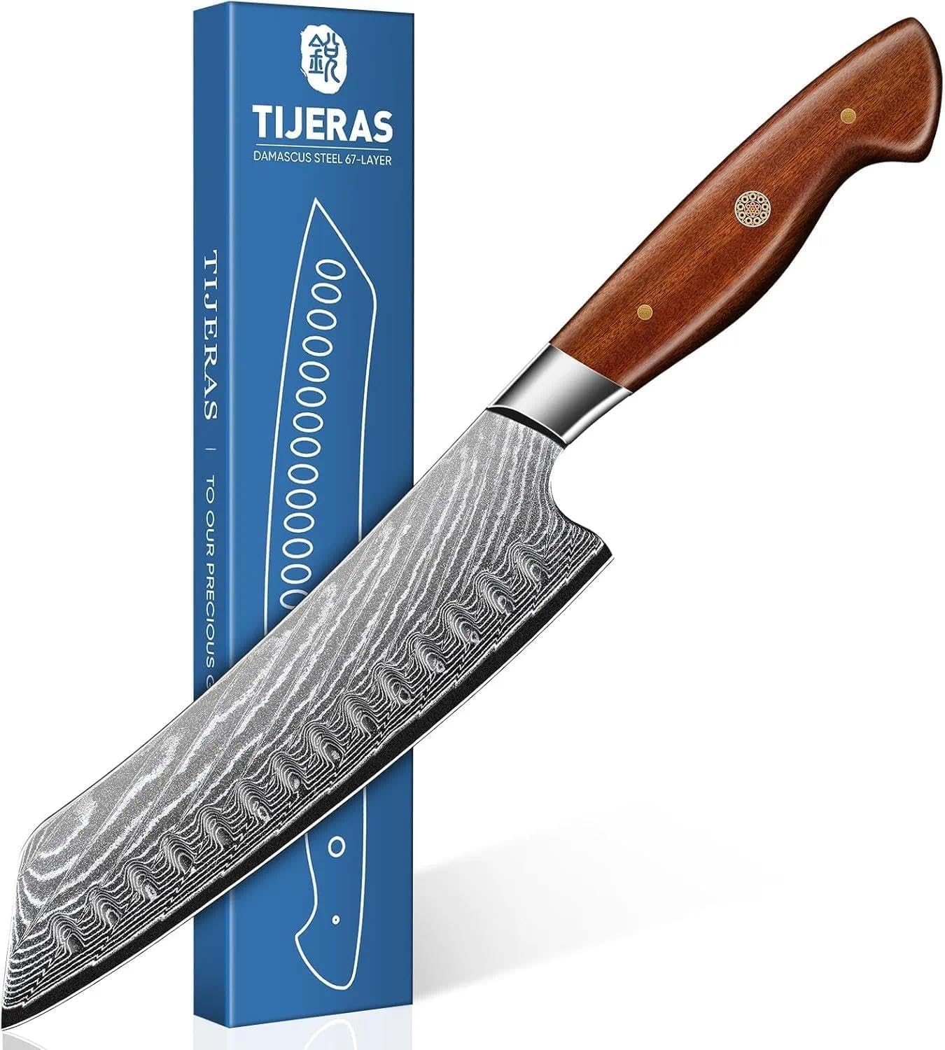 TIJERAS Japanese Chef Knife, Damascus Santoku Kitchen Knife, 7 inch Damascus 67-Layer Steel Sharp Professional Chefs Knives with Wood Ergonomic Handle, Birthday Gifts for Men Women