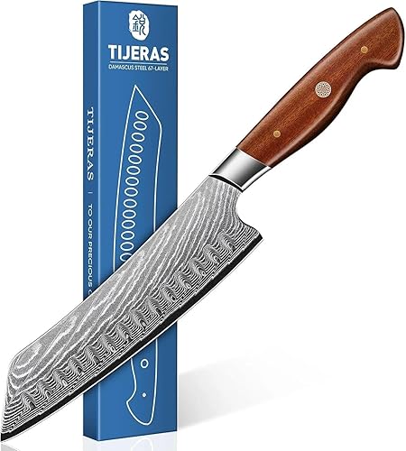 TIJERAS Cuchillo de chef japonés, cuchillo de cocina Santoku de Damasco, 7 pulgadas, Damasco de 67 capas, cuchillos de chef profesionales afilados